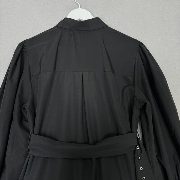 Wishing Waves Belted Shirt Dress Womens Large Black Poplin Mini Ruffle Hem - Picture 7 of 15